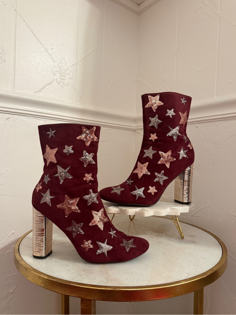 Sequin Star-Embellished Burgundy Suede Boots with Metallic Block Heel